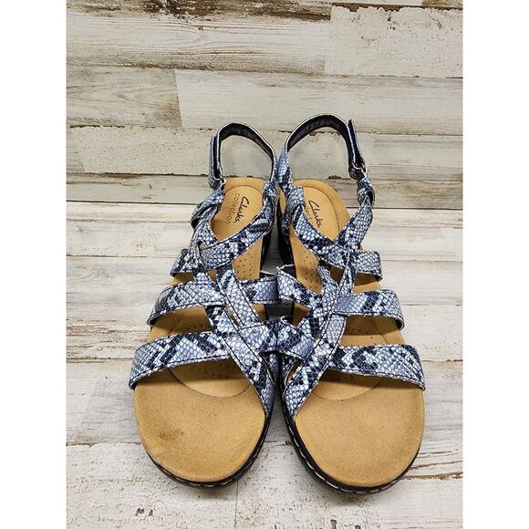 Clarks Collection Merliah Rose Navy Snake Strappy Sandals Size 10 - Picture 1 of 7